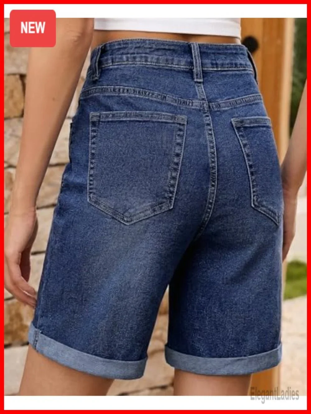 High Waisted Stretch Denim Shorts with Fold Hem 7 Inch Inseam